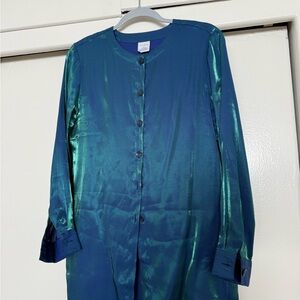 Avon Iridescent Teal-Green Satin Button Front Blouse